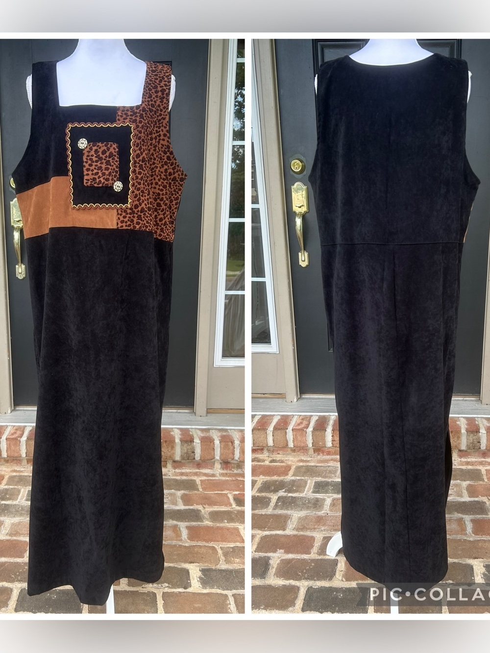 Vintage 90s 2000s black brown leopard print patchwork jumper dress gvc 14
